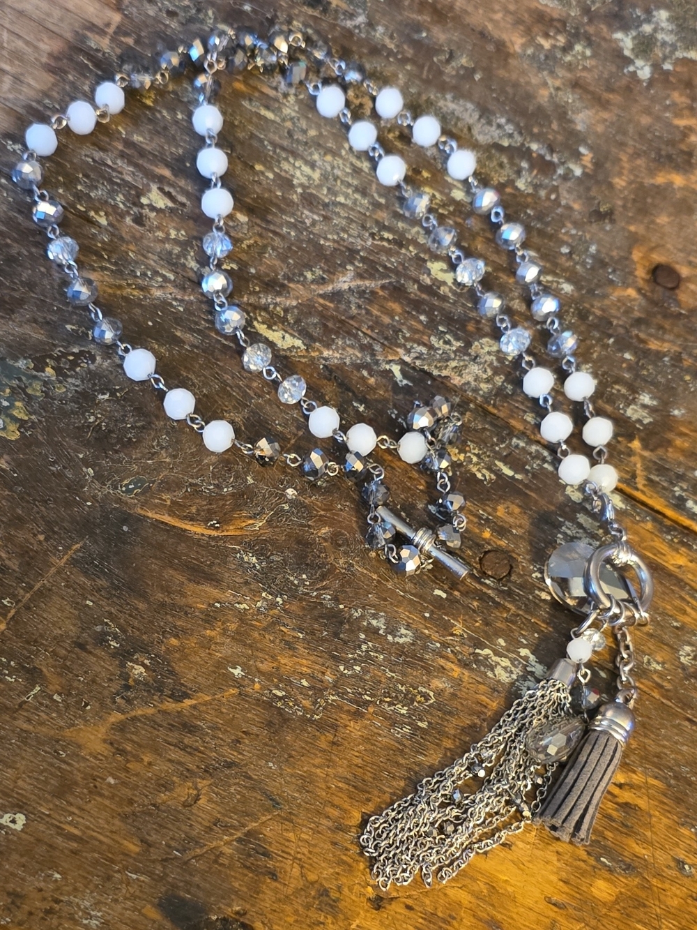 Premier Designs White and Silver Beaded Tassel Necklace London Fog